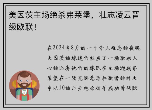 美因茨主场绝杀弗莱堡，壮志凌云晋级欧联！