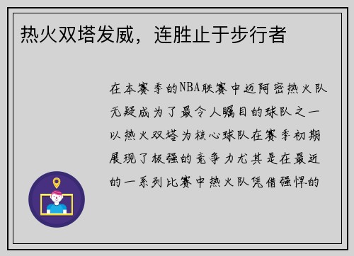 热火双塔发威，连胜止于步行者