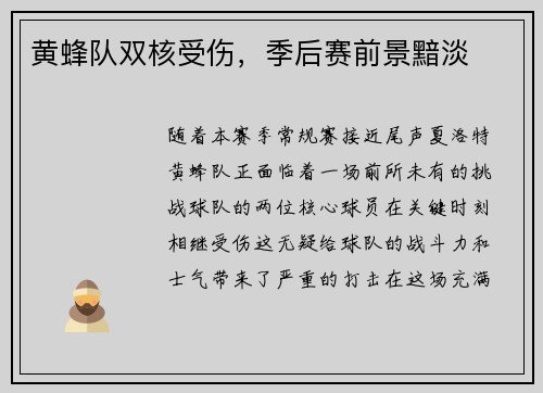 黄蜂队双核受伤，季后赛前景黯淡