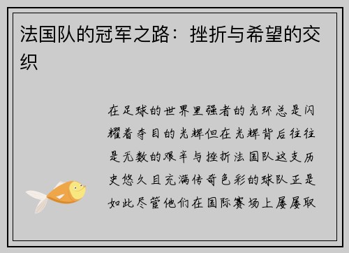 法国队的冠军之路：挫折与希望的交织
