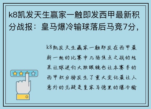 k8凯发天生赢家一触即发西甲最新积分战报：皇马爆冷输球落后马竞7分，塞维利亚超巴萨
