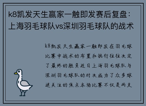 k8凯发天生赢家一触即发赛后复盘：上海羽毛球队vs深圳羽毛球队的战术